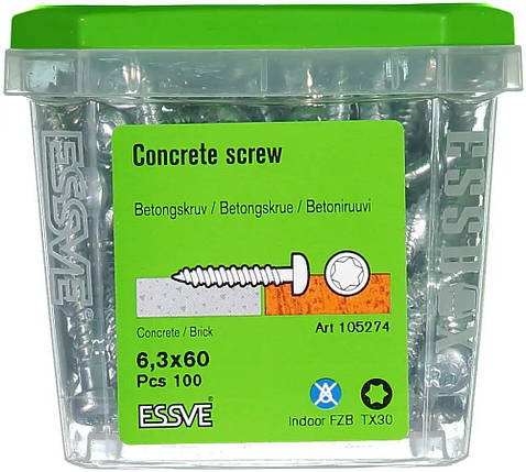 Шуруп ESSVE для бетону, 6,3*60, кругл.ТХ30 (100 шт./пач.), фото 1