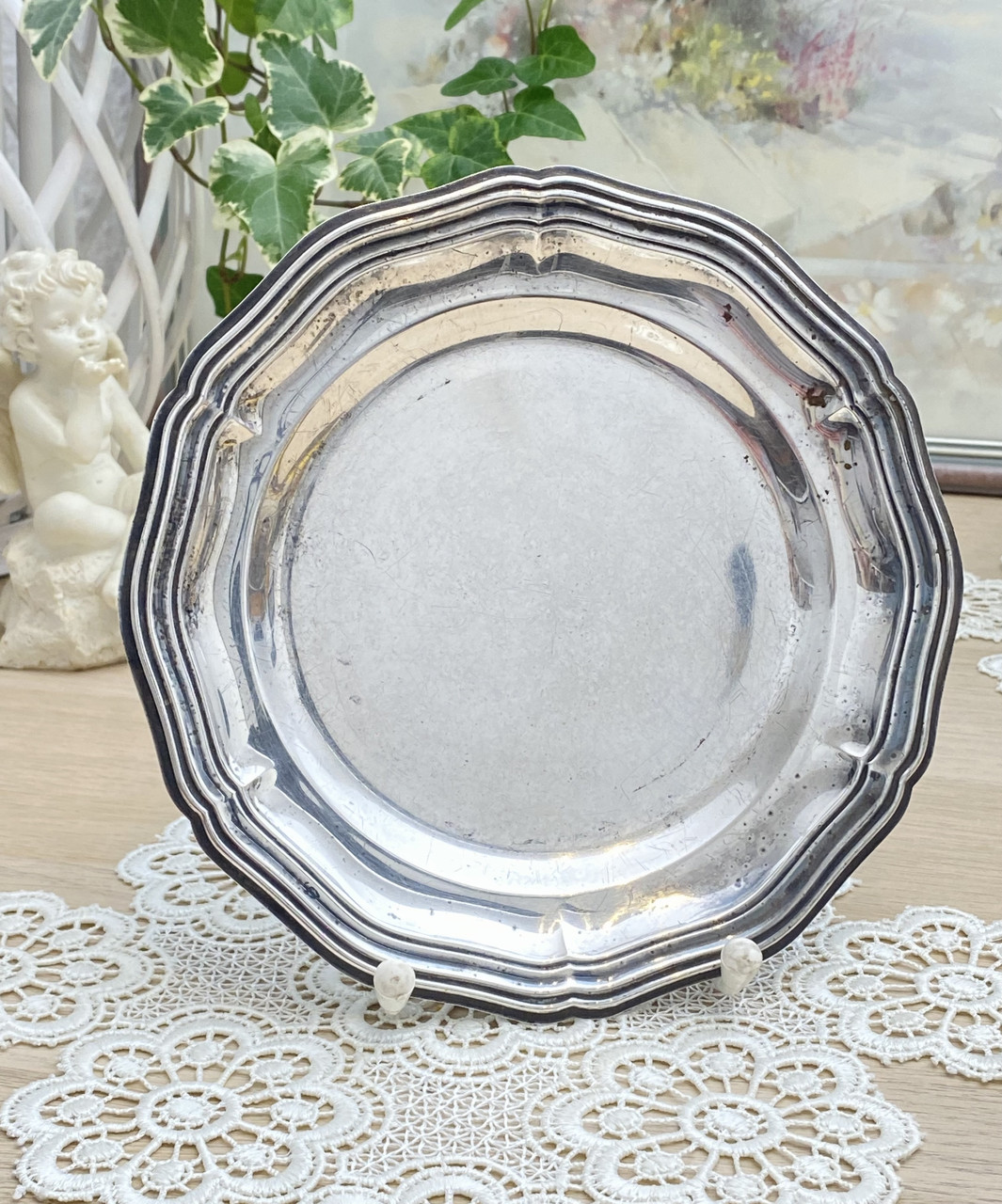 Посріблена стара кругла страва, тарілка, таця для глечика, сріблення, Німеччина, 18 см