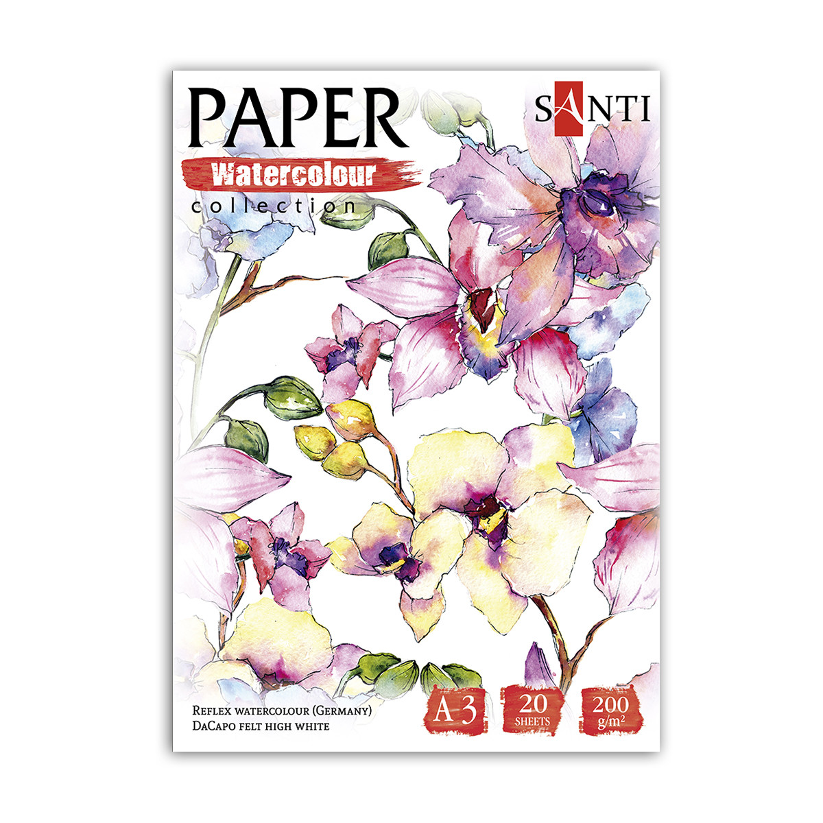 Набор акварельной бумаги SANTI "Flowers", А3, "Paper Watercolor Collection", 20 л, 200 г/м