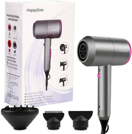 Фен HappyGoo Professional з іонізацією, 2 швидкостями, 3 режимами нагрівання, кнопкою холодного обдування, 1 дифузор, фото 1