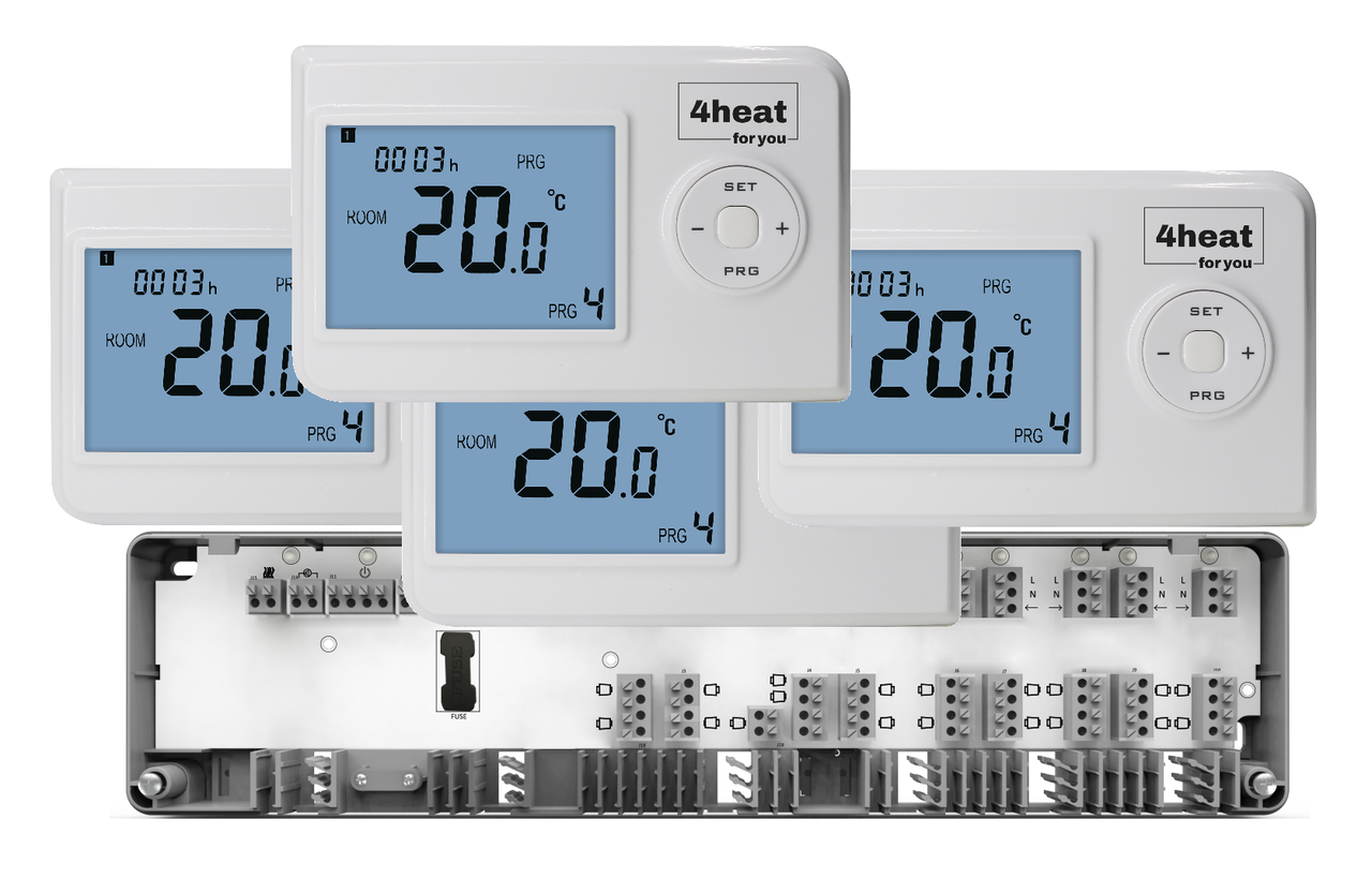 Дротовий комплект автоматики теплої підлоги 4 зони 4HEAT | Комутатор HR-03C + Терморегулятор HT-02 (4 шт)