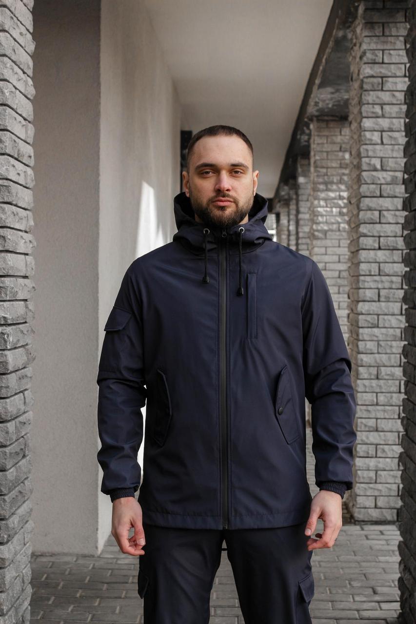 Чоловіча куртка із Soft Shell з капюшоном синя весняна Вітровка демісезонна