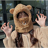 Зимова шапка-капюшон із вушками ведмедик 2 кольори, фото 2