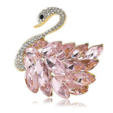 Брошка на золотистій основі лебідь з кришталевими білими та рожевими камінчиками розмір виробу 45х45 мм, фото 1