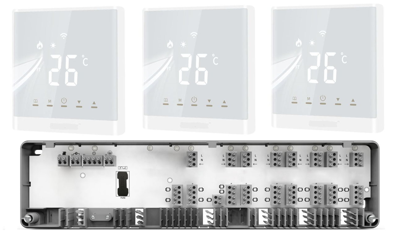 Wi-Fi керування водяним підлогою на 3 зони 4HEAT | Дротовий комутатор HR-03C + Регулятор АЕ-667.WF (3 шт.)