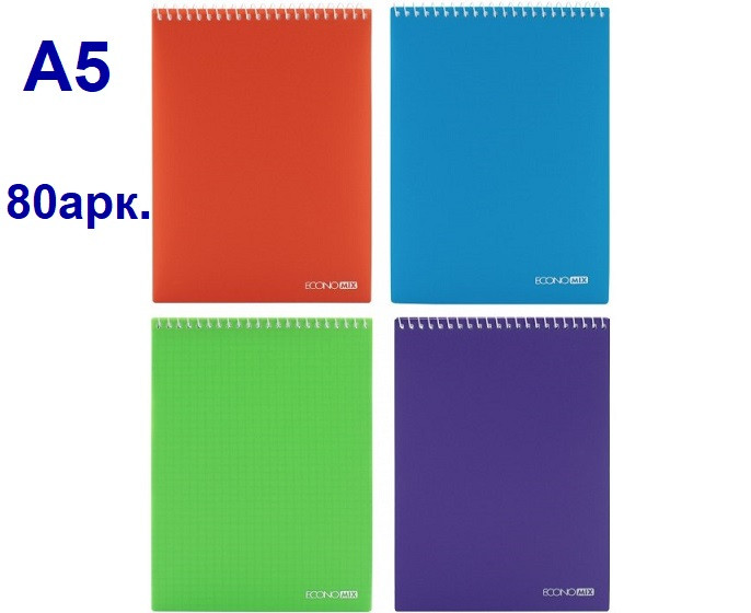 Блокнот Economix А5, верхня спіраль, пласт.обкл., клітинка, 80арк., асорті E20320