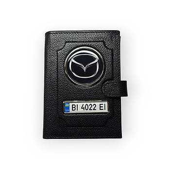 Портмоне для автодокументів Mazda з номером авто, натуральна шкіра чорна