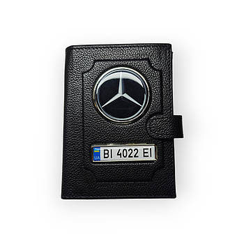 Портмоне для автодокументів Mercedes з номером авто, натуральна шкіра чорна