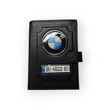 Портмоне для автодокументів BMW з номером авто, натуральна шкіра чорна