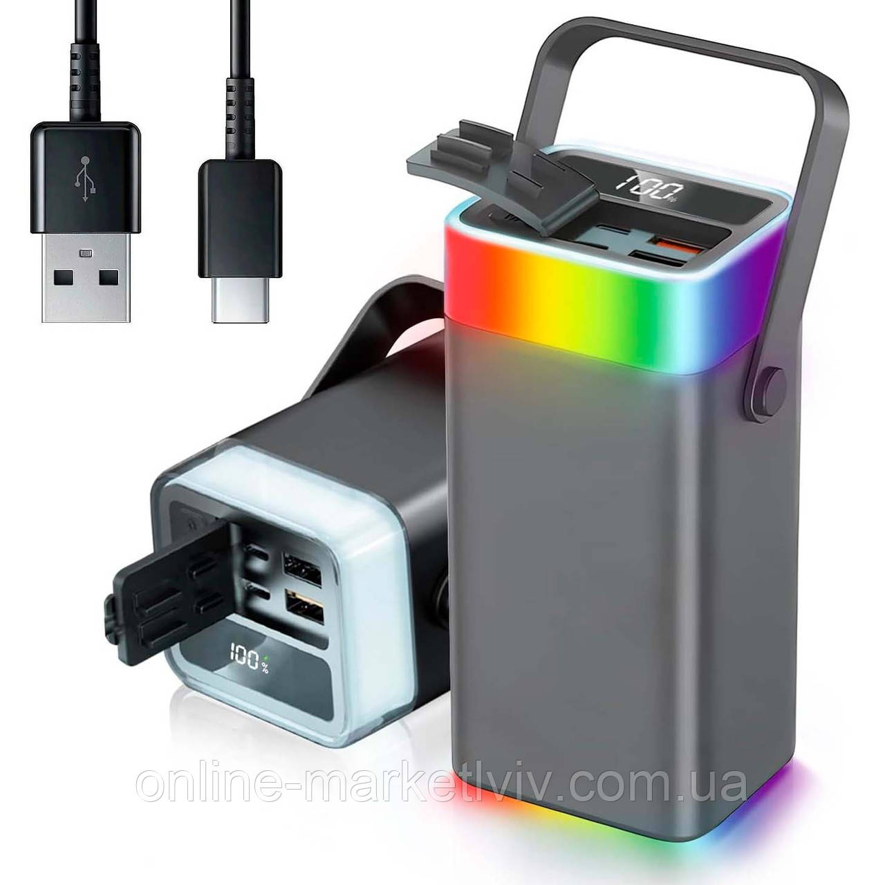 Power Bank 40000 mAh з RGB підсвіткою (2×USB), від USB, LENYES PX492D / Повербанк / Павер банк / Пауербанк