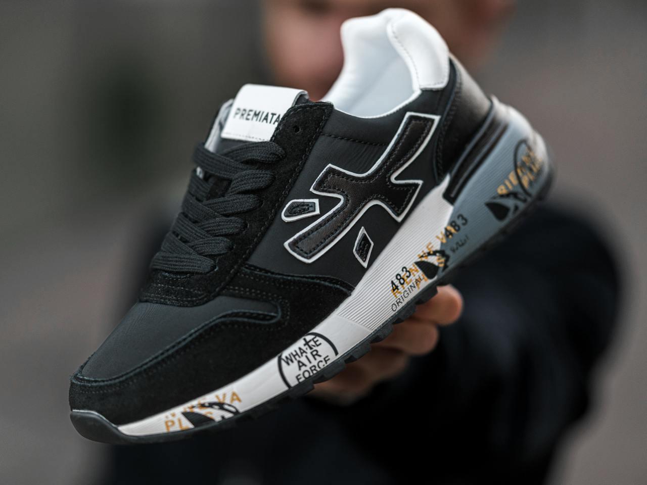 Круті молодіжні кросівки Premiata шкіряні чорні брендові низькі кросівки преміата для спорту та відпочинку, фото 1