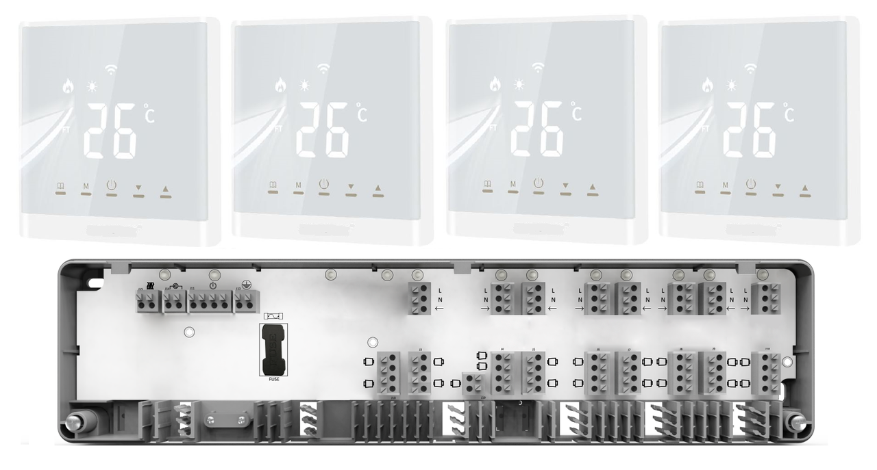 Wi-Fi керування водяним підлогою на 4 зони 4HEAT | Дротовий комутатор HR-03C + Регулятор АЕ-667.WF (4 шт.)
