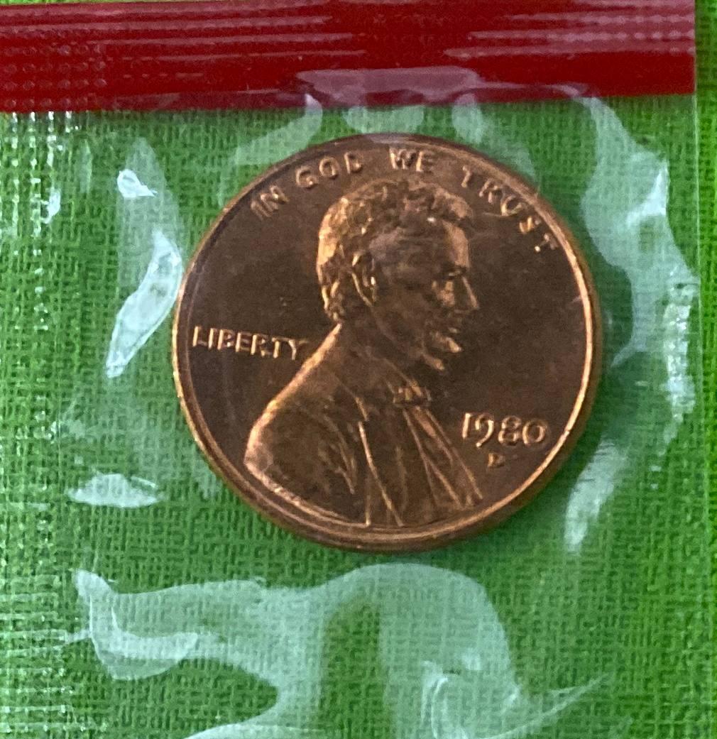 Монета США 1 цент 1980 р. UNC (у запайці) Лінкольн