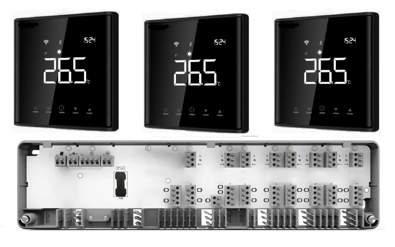 Автоматика водяної підлоги з Wi-Fi на 3 зони 4HEAT | Дротовий комутатор HR-03C + Регулятор АЕ-669B WF (3 шт.)