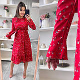 Червоне вільне мідіплаття з поясом на гумці із софту з квітковим принтом, фото 2