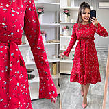 Червоне вільне мідіплаття з поясом на гумці із софту з квітковим принтом, фото 3