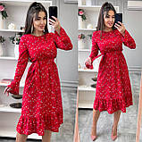 Червоне вільне мідіплаття з поясом на гумці із софту з квітковим принтом, фото 4