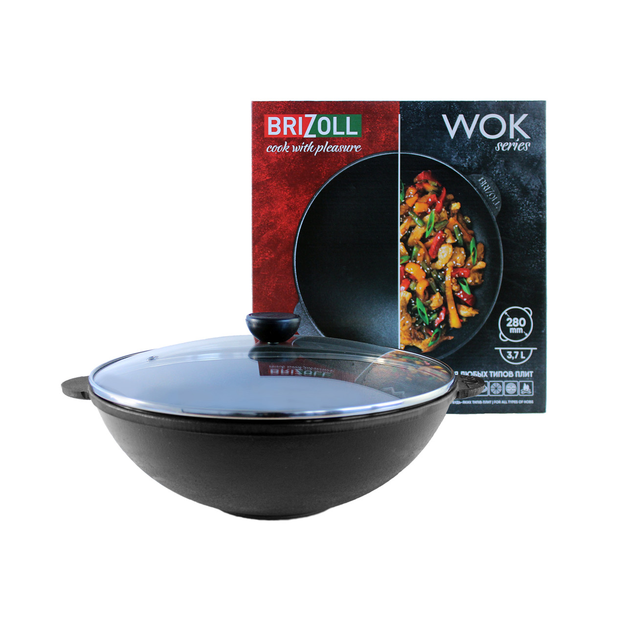 Сковорода чавунна WOK 3,7 л, Ø28 см Brizoll зі скляною кришкою
