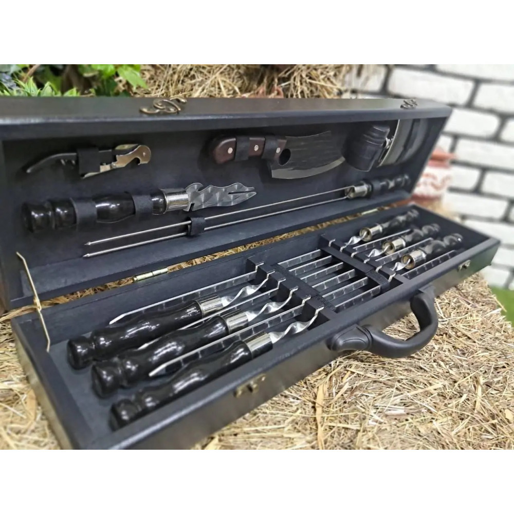 Набір шампурів (75х18х5cм) + комплект аксесуарів у дерев'яному кейсі 0128.011, фото 1