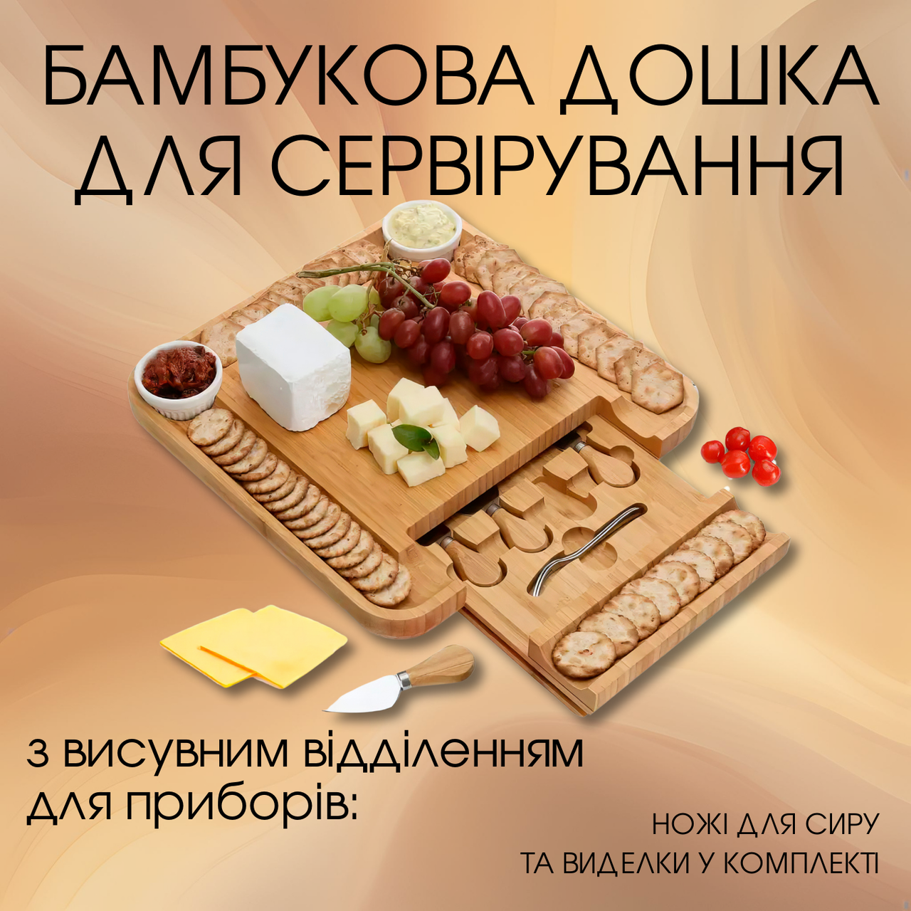 Бамбукова дошка для сиру з ножами і виделками, піднос з бамбука з висувним відділенням, розмір 34х34х4см, фото 1
