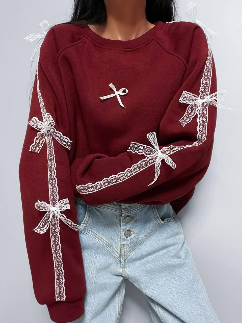 Гарний затишний батник з мереживною стрічкою та бантиками, фото 1