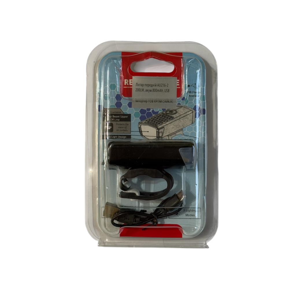 Ліхтар передній AU216-2 200LM, акум.800mAh, USB