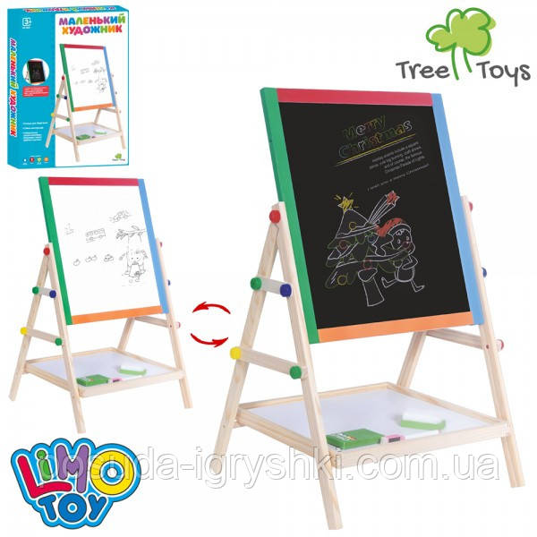 Дерев'яна іграшка Мольберт MD 0897 Маленький художник, дошка двостороння, крейда, маркер, губка, коробка, 36-50-4,5., фото 1
