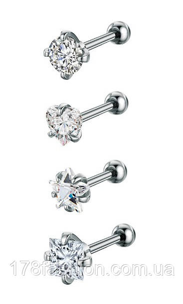 Набір з 4-х пусетів різних форм з цирконієм 5 мм., фото 1