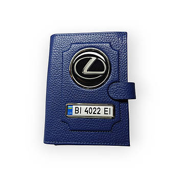 Портмоне для автодокументів Lexus з номером авто, натуральна шкіра синя