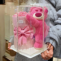 Подарунковий набір із мильних троянд у коробці з LED-підсвіткою Ведмедик з квітами KR-01-1 2 Рожевий