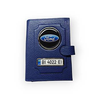 Портмоне для автодокументів Ford з номером авто, натуральна шкіра синя