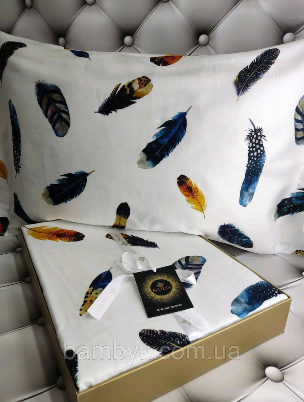 Постільна білизна Belizza "Feather" сатин Dijital 3D преміум євро-розміру бавовняна Туреччина, фото 1