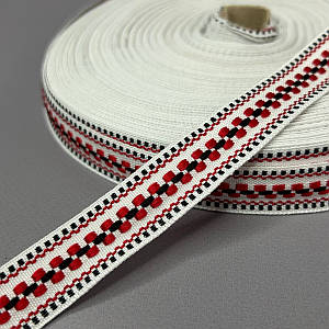 2см Тесьма национальная с орнаментом - біла з червоним