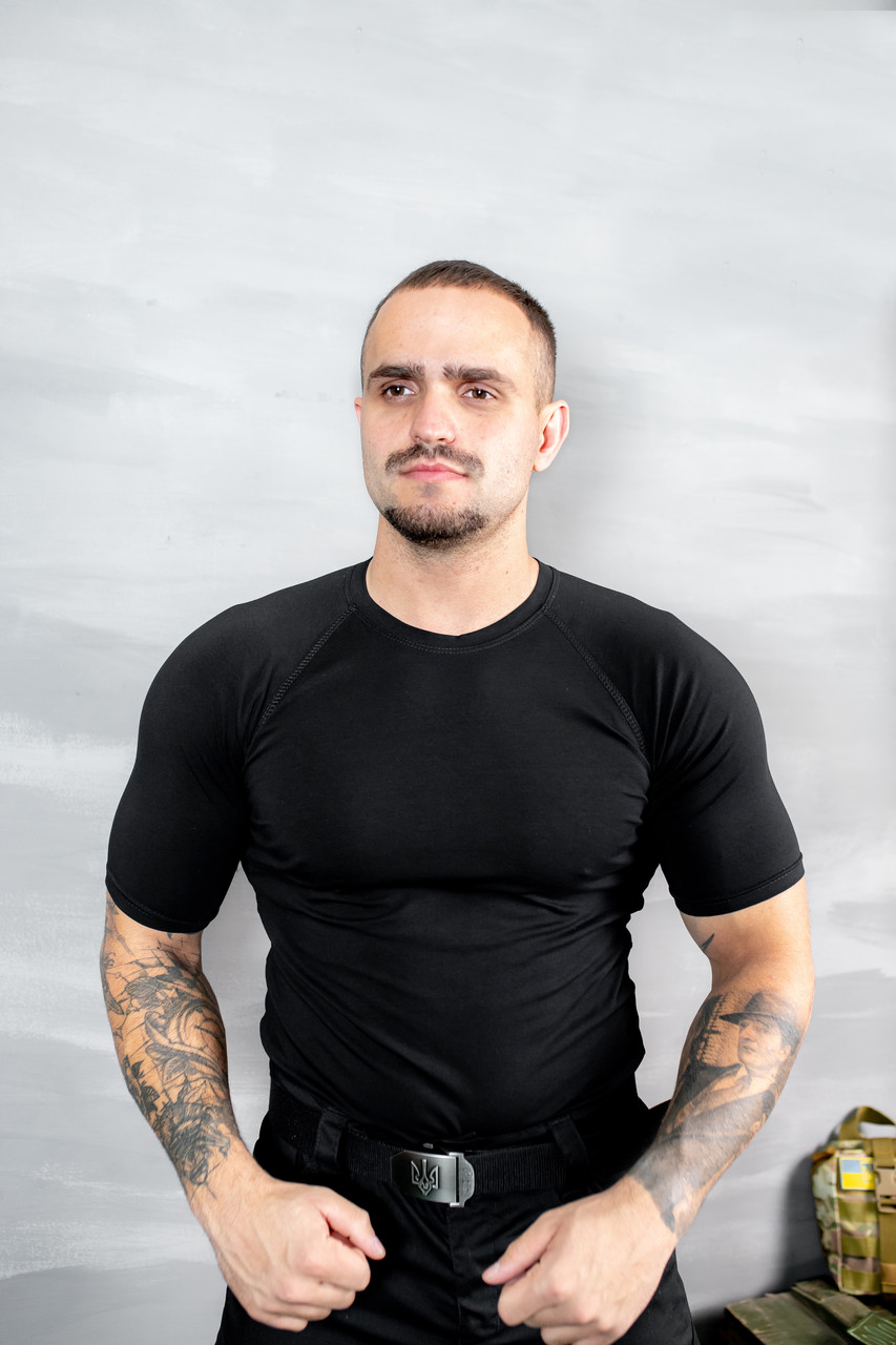 Футболка база стрейч кулір, чорна, рукав реглан