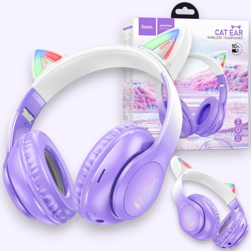 Бездротові дитячі Bluetooth навушники BIG HOCO W42 Cat Ear навушники з вушками та LED підсвіткою, фіолетові
