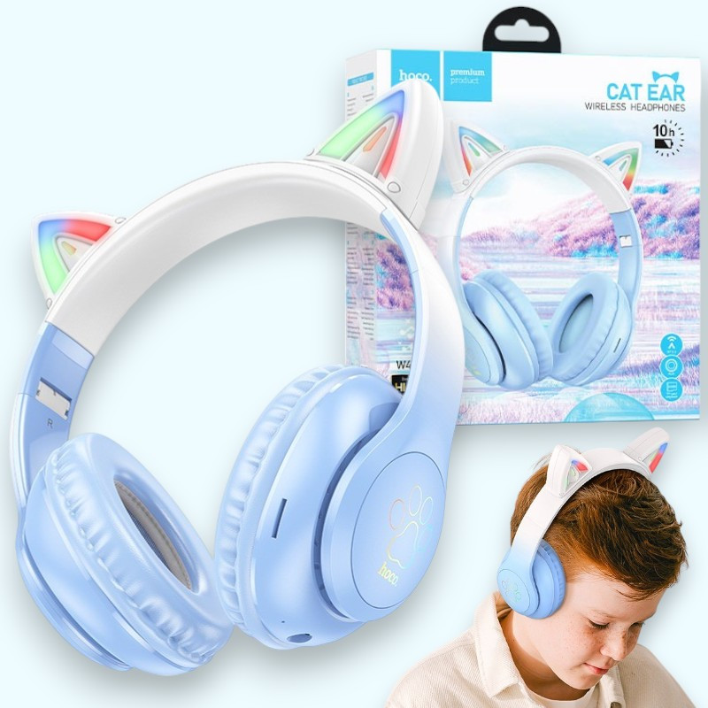 Бездротові дитячі Bluetooth навушники BIG HOCO W42 Cat Ear навушники з вушками та LED підсвіткою, сині