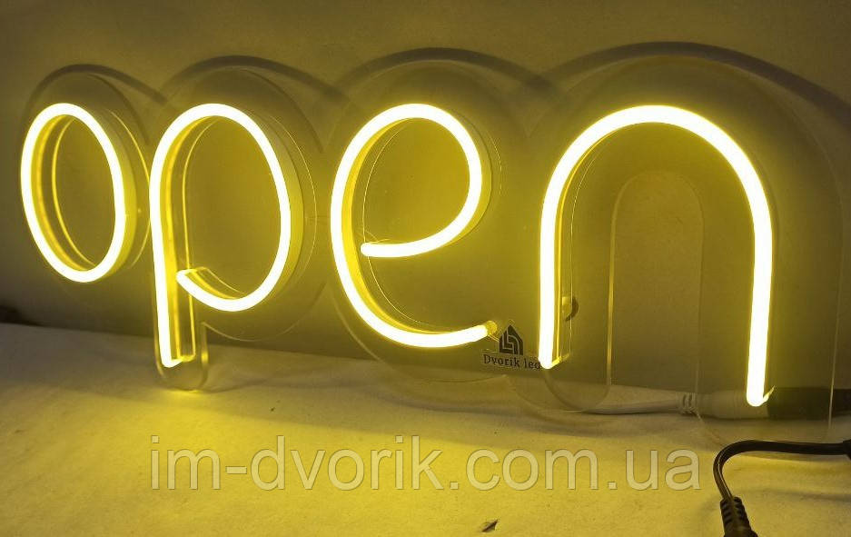 Неонова вивіска Open 250x700 мм лимонного кольору від Dvorik Led