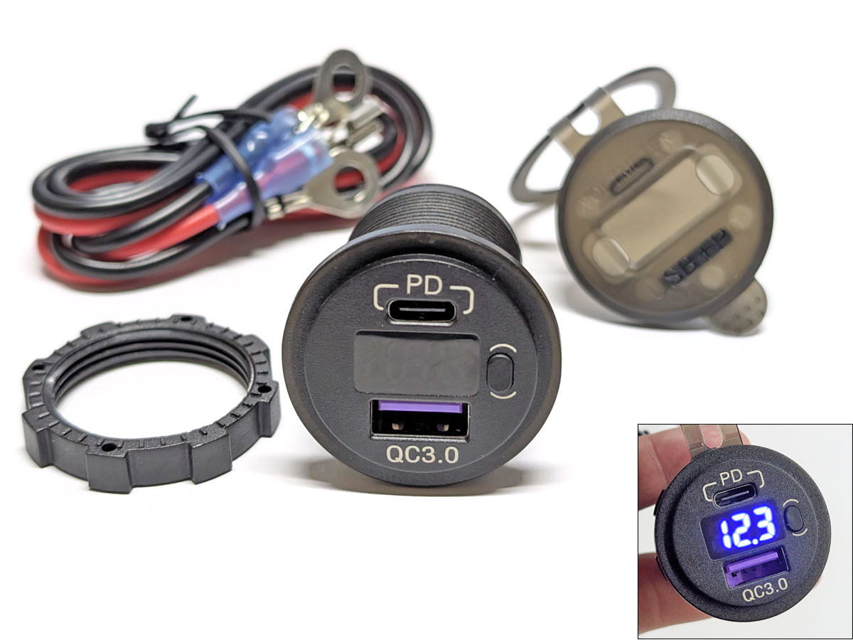 USB розетка UCC-305 автомобільна кругла врізна з вольтметром (12-24В, USB QC 3.0 + TYPE-C PD, синє підсвічування), фото 1