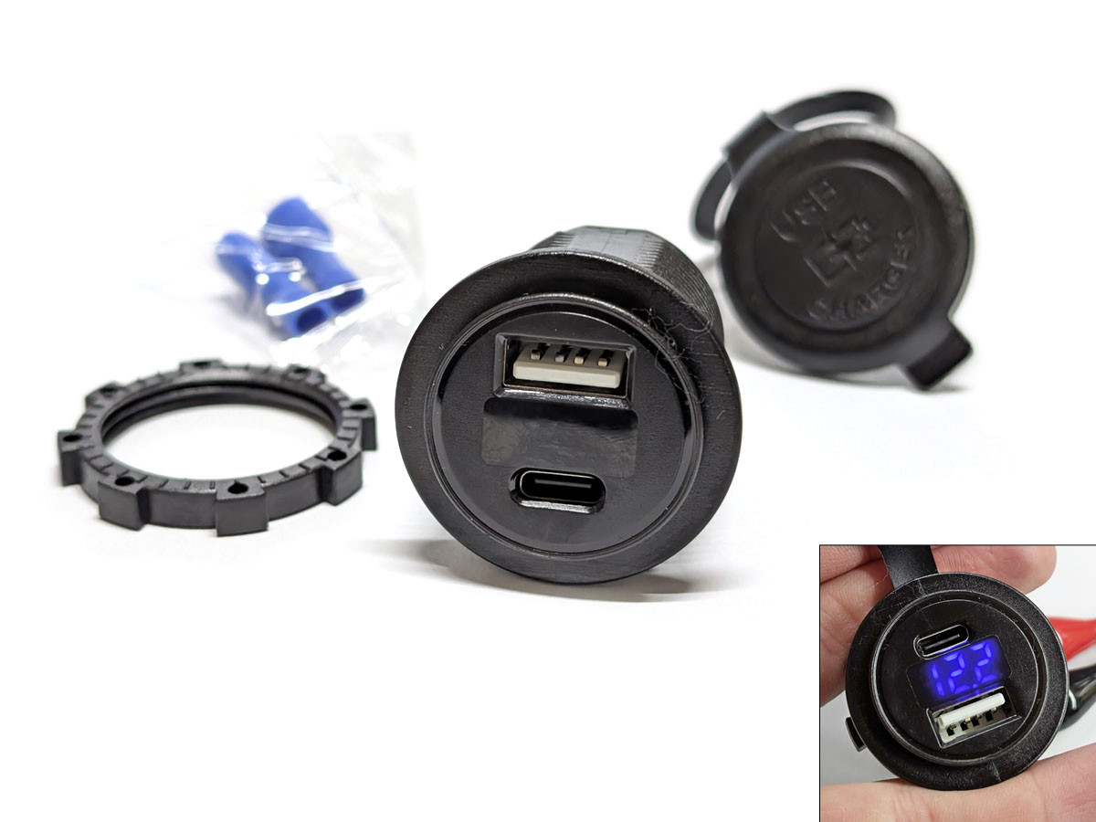 USB розетка UCC-302 автомобільна кругла врізна з вольтметром (12-24В, USB 3,1A + TYPE-C, синє підсвічування), фото 1