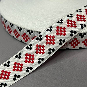 2,5 см Тесьма национальная с орнаментом - біла з червоним
