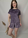 Жіночий велюровий піжамний комплект футболка шорти штани кольору мусон, фото 3