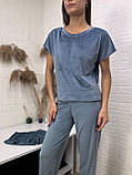 Ніжний велюровий домашній комплект (шорти , штани та футболка) у кольорі морської хвилі, фото 7