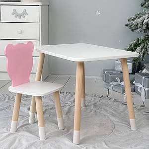 Дитячий столик зі стільчиком Ведмежа дерев'яна для малювання та навчання Білий з рожевим