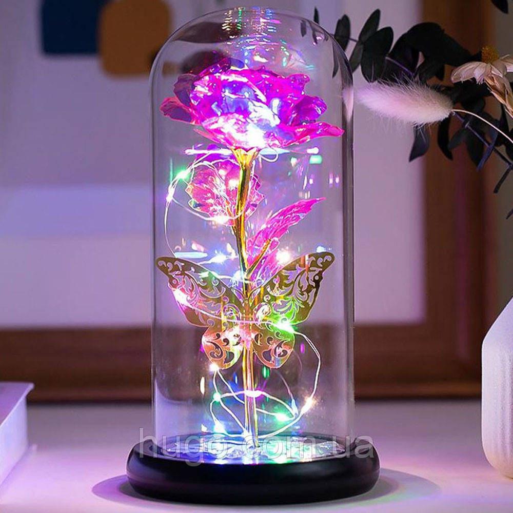 Троянда в колбі з метеликом + світлодіодна підсвітка 21x11см, від батарейок / Вічна троянда / Квітка в колбі / Нічна троянда, фото 1