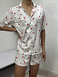 Стильна піжама сорочка на гудзику шорті, шовк принт сердечко, фото 3