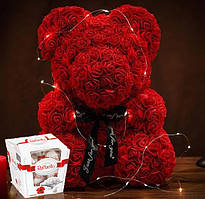 Подарунковий набір для жінок на 14 лютого Ведмедик з троянд 25см з підсвіткою + Raffaello цукерки Червоний