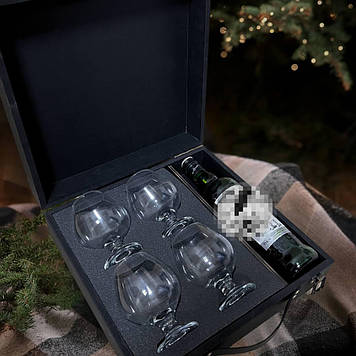 Подарунковий набір для напоїв у дерев'яному боксі «4 келихи та поділ»