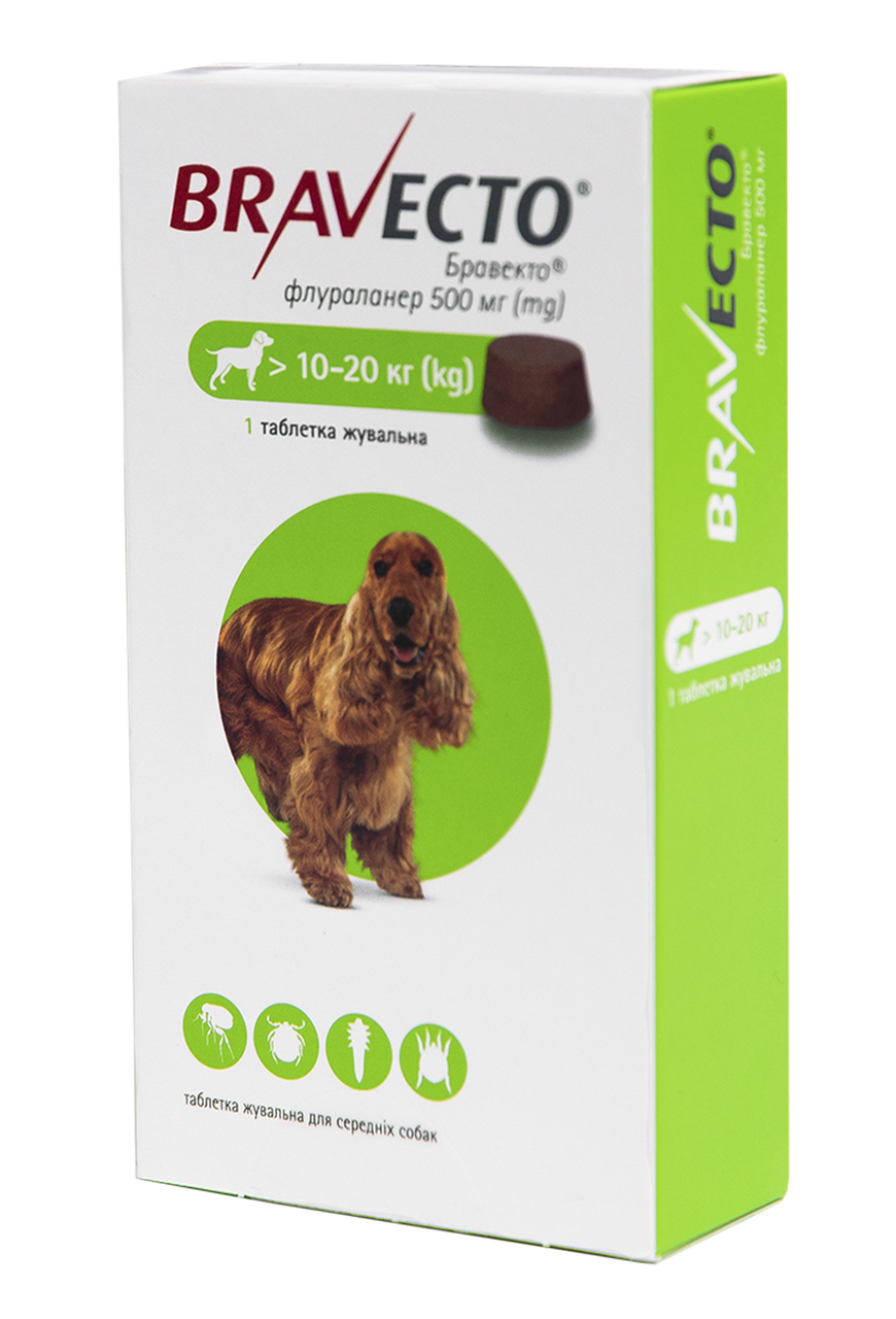 Бравекто Таблетки від бліх та кліщів для собак вагою від 10 до 20 кг