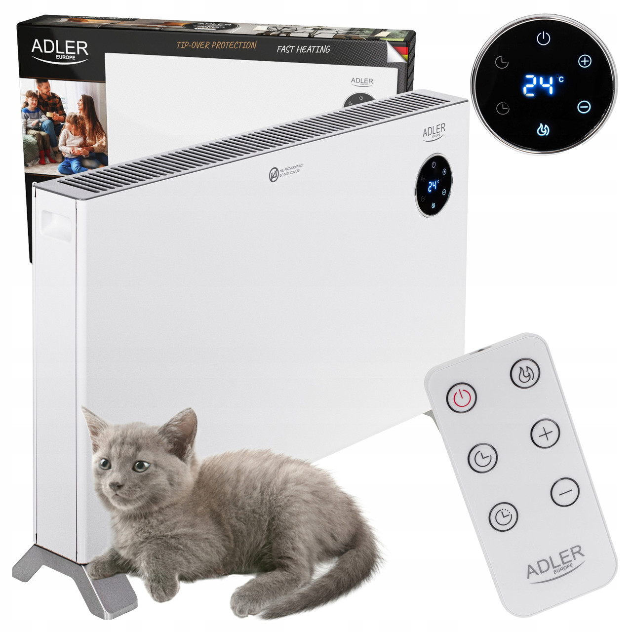 Конвекторний обігрівач Adler AD 7752 — 2000 Вт, механічний термостат, IP24, колеса, білий, фото 1
