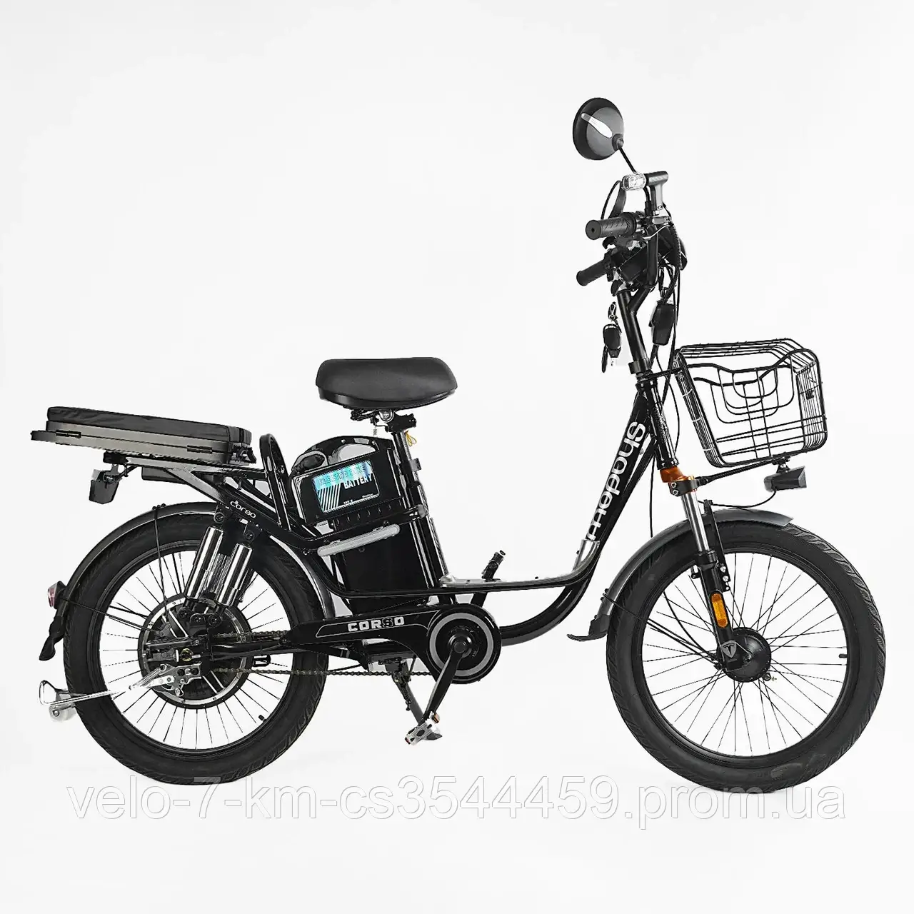 Електровелосипед Corso «Shadow» 22" дюймів ЧОРНО-СІРИЙ, рама сталева, двигун 500W, акум. 48V20AH, корзина, покришки 22*1.95